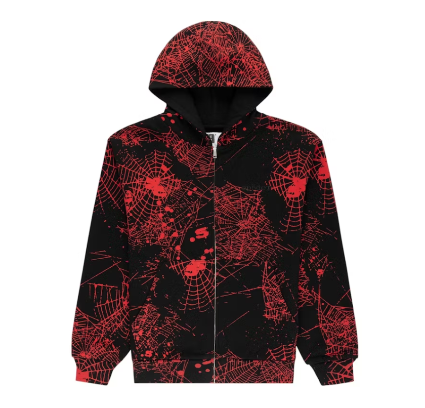 Sp5der AOP Web V2 Zip Up Hoodie Black
