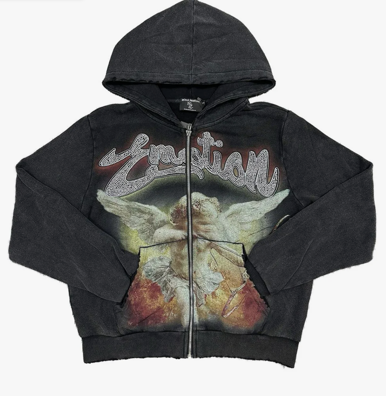 Mixed Emotions Rhinestone Hoodie Acid Wash Black
